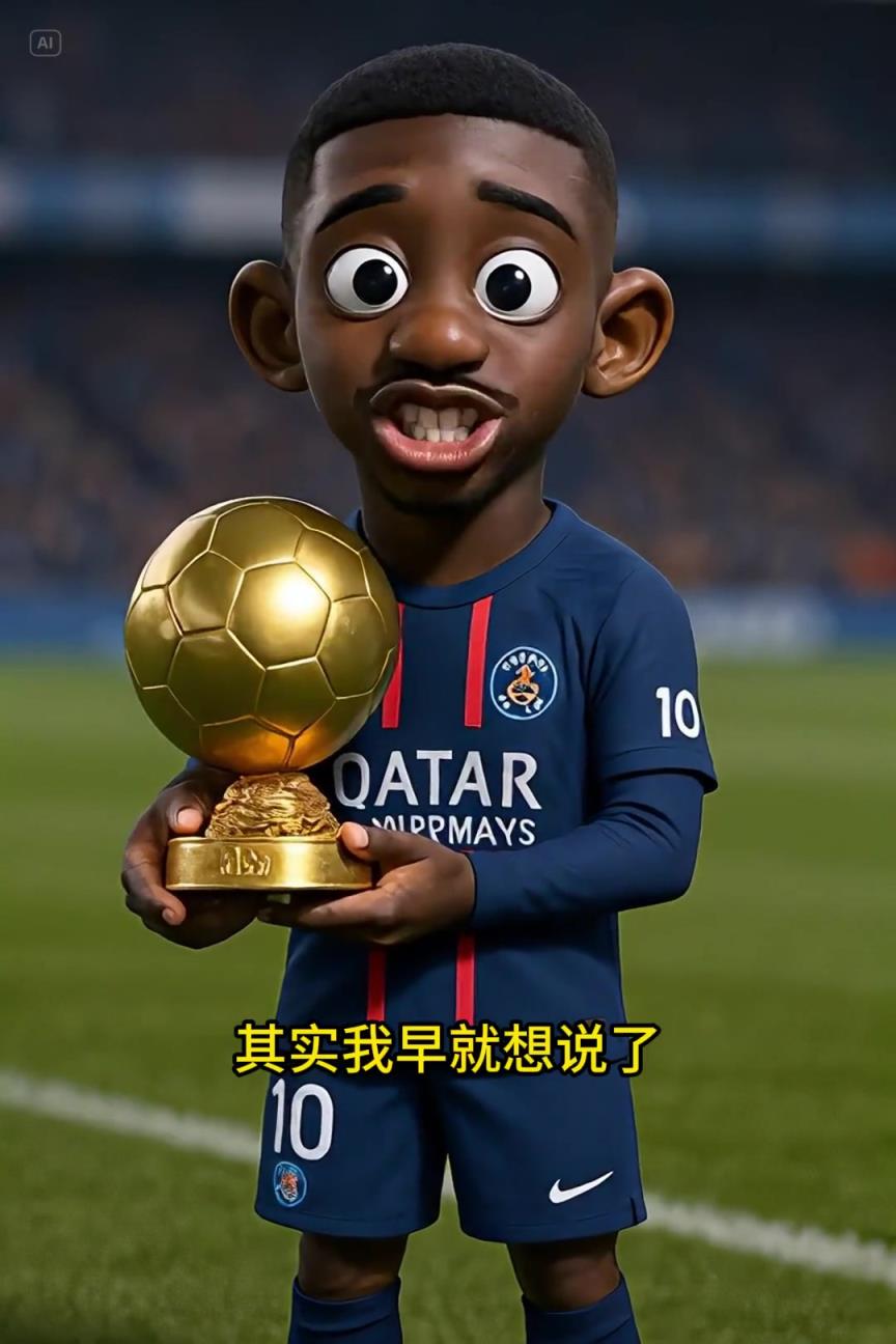Q版登贝莱挑逗姆巴佩：你羡慕吗？这金球奖抱着手里还挺沉的