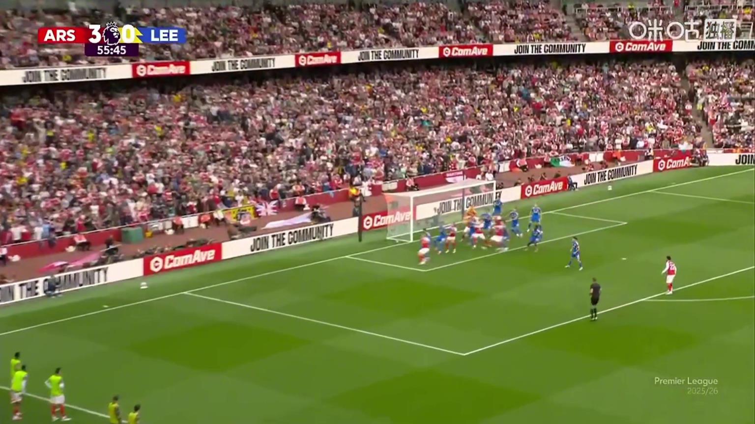 又是角球破门！阿森纳角球开出，廷伯混战中再入一球达成双响