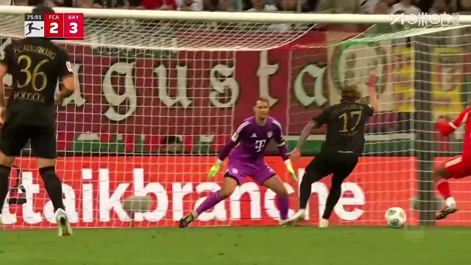 拜仁被连扳两球！科穆尔低射穿裆于帕破门，奥格斯堡2-3拜仁